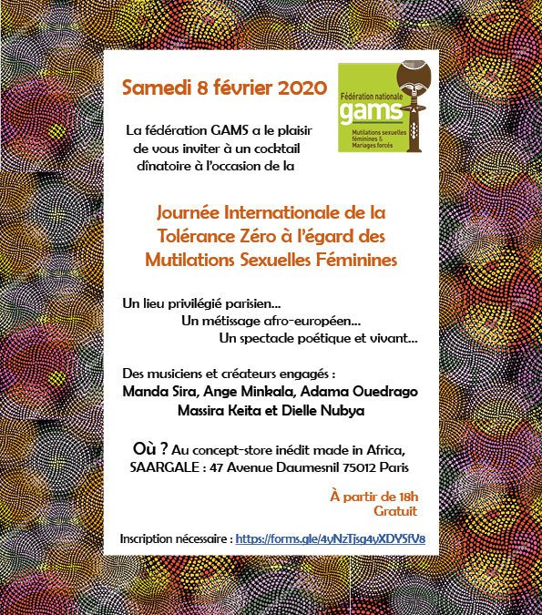 Journée internationale de la Tolérance Zéro à l’égard des Mutilations Sexuelles Féminines – Cocktail spectacle dînatoire – 8 février 2020